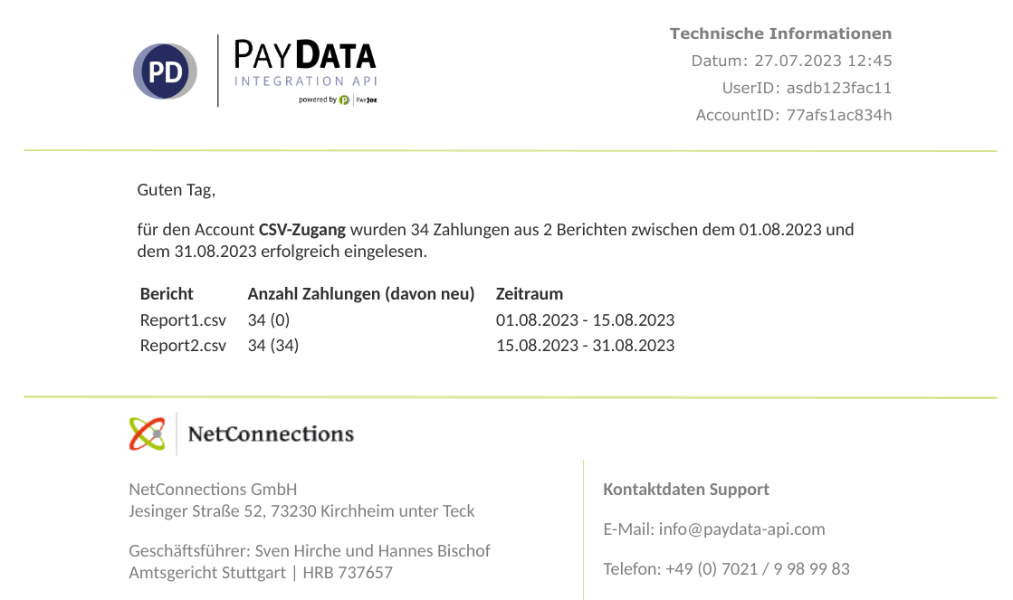 PayData CSV success mail